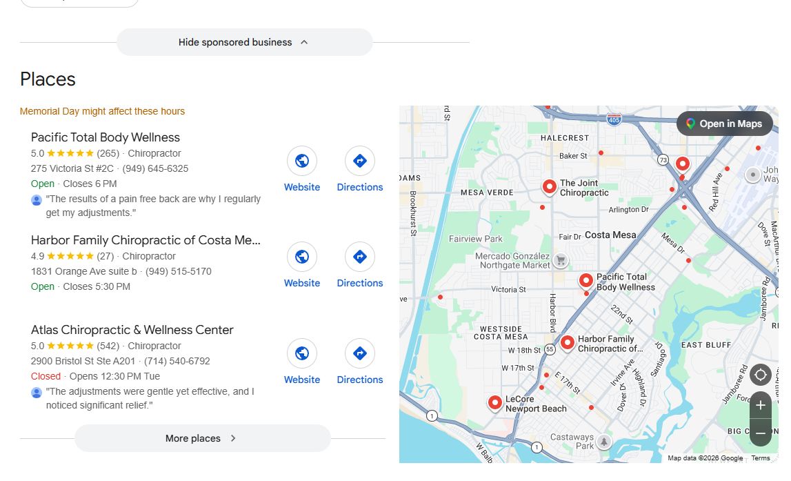 Google Map Pack 3-pack for "chiropractor Costa Mesa" showing Atlas Wellness in a top position with review count, star rating, and call button